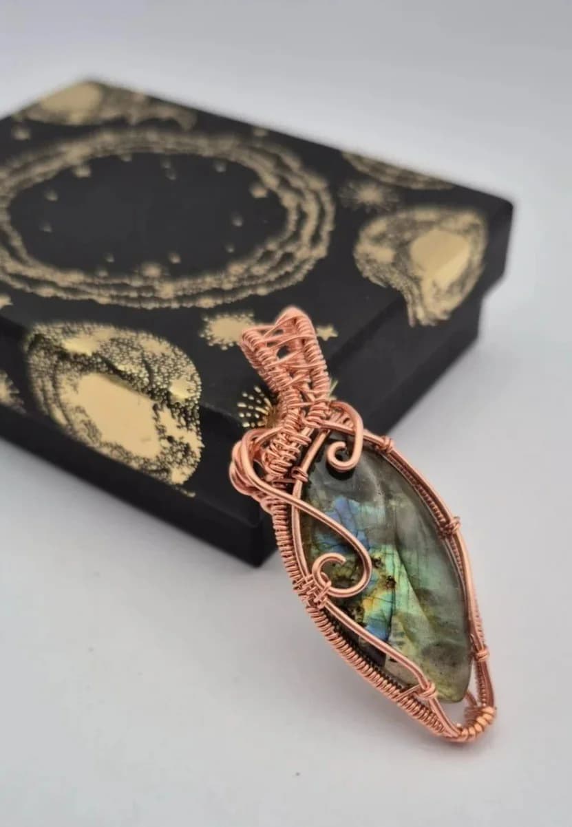 Aura ,  handmade copper wire wrapped labradorite pendant by Bent Copper, North East England