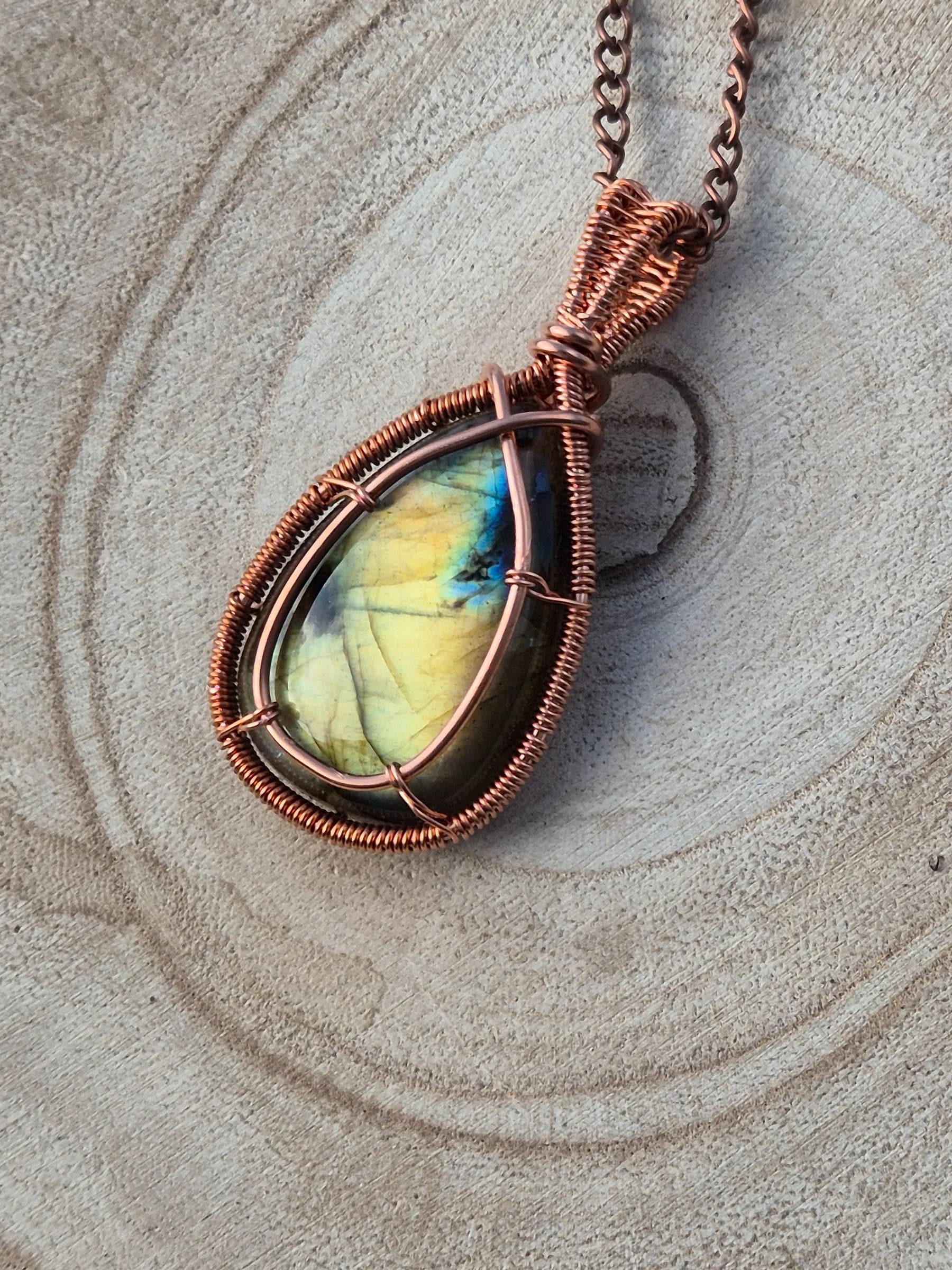 Celestial Tear , handmade copper wire wrapped labradorite pendant by Bent Copper, North East England