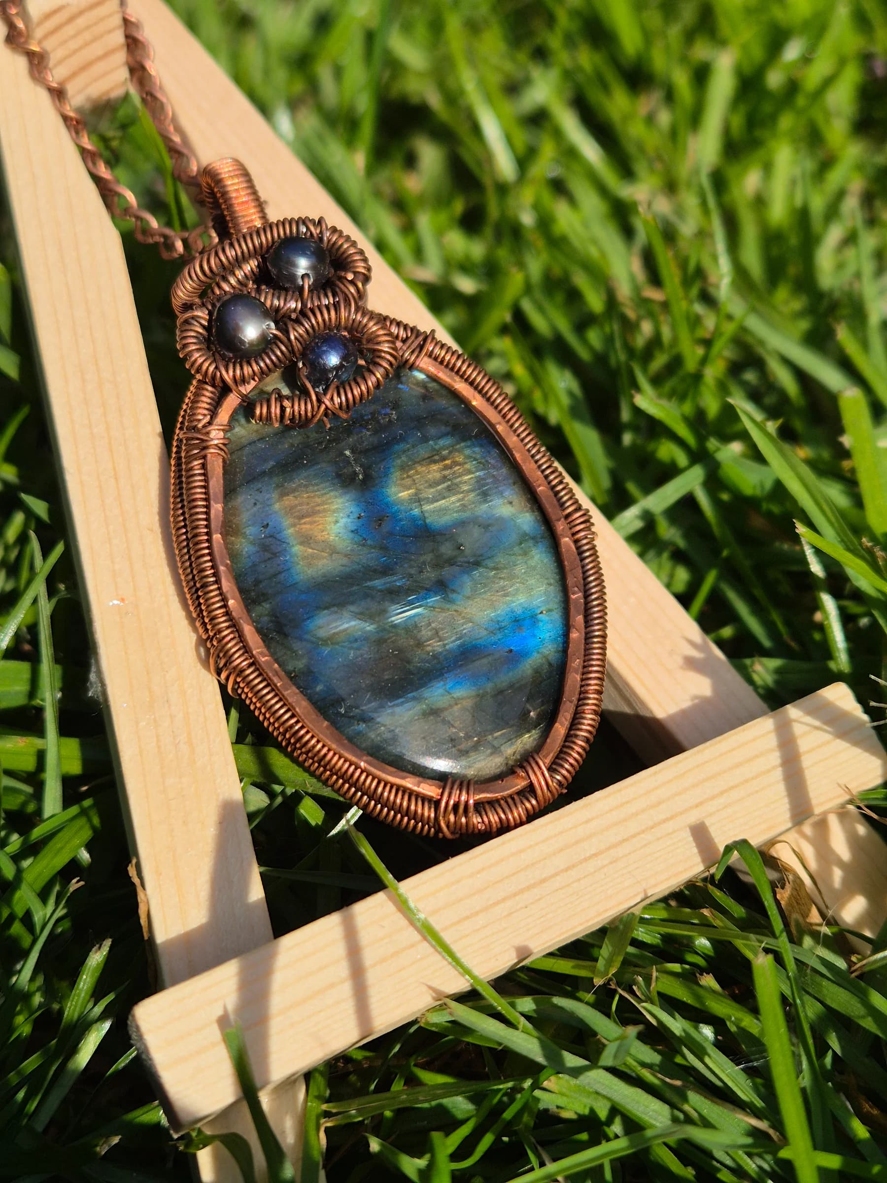 Serpent Twine , handmade copper wire wrapped labradorite pendant by Bent Copper, North East England