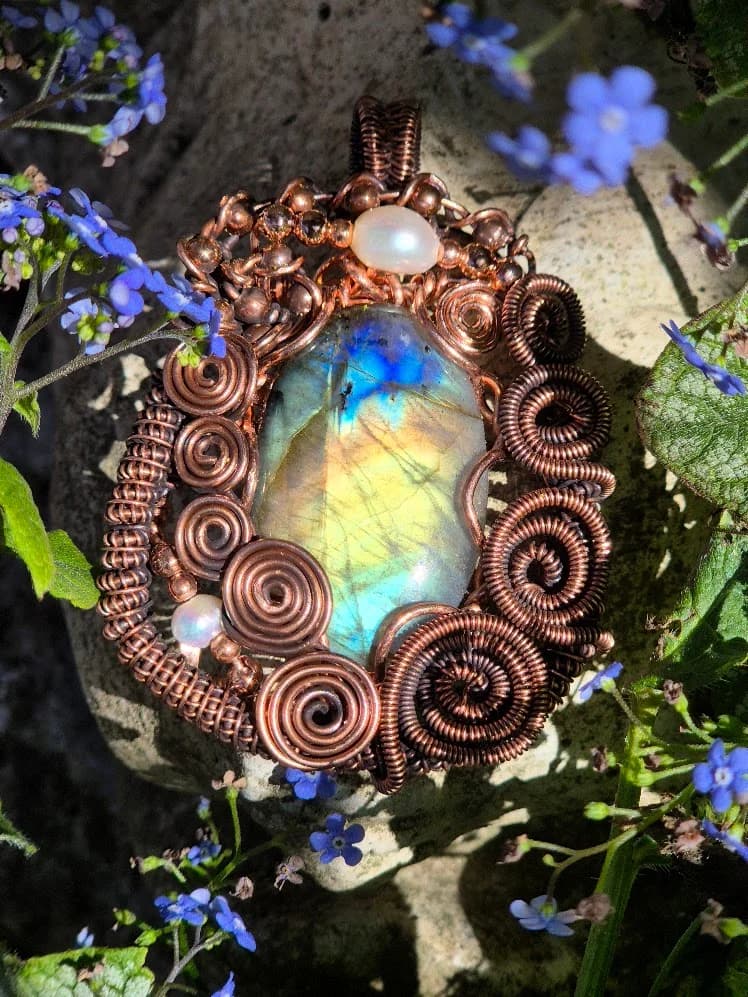 Medusa's Reflection , handmade copper wire wrapped labradorite pendant by Bent Copper, North East England