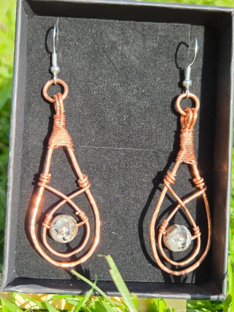 Embers Glow , handmade copper wire wrapped labradorite earring by Bent Copper, North East England