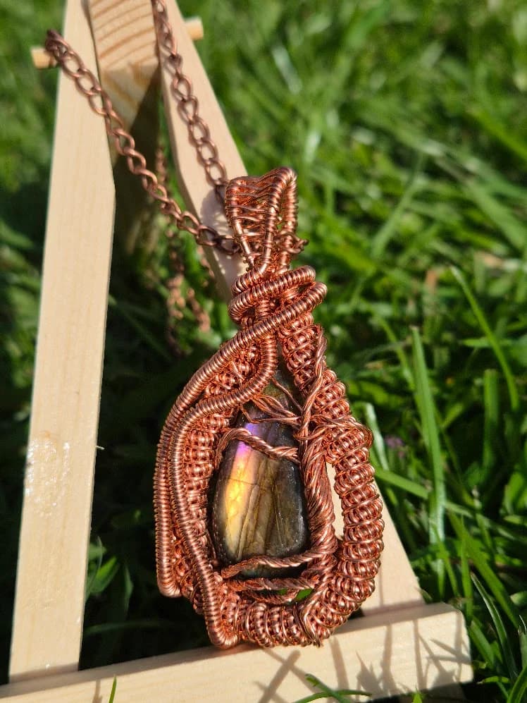 Ancestorial light , handmade copper wire wrapped labradorite pendant by Bent Copper, North East England