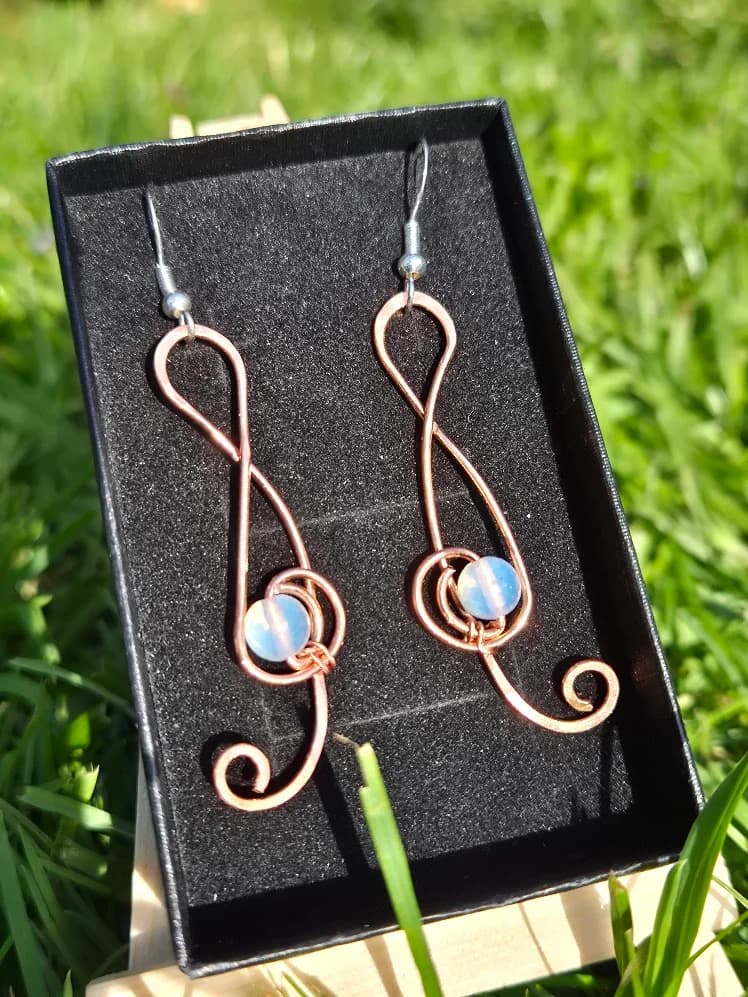 Life is Music , handmade copper wire wrapped labradorite earring by Bent Copper, North East England
