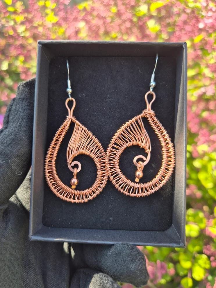 Copper Swirl Earrings , handmade copper wire wrapped labradorite earring by Bent Copper, North East England