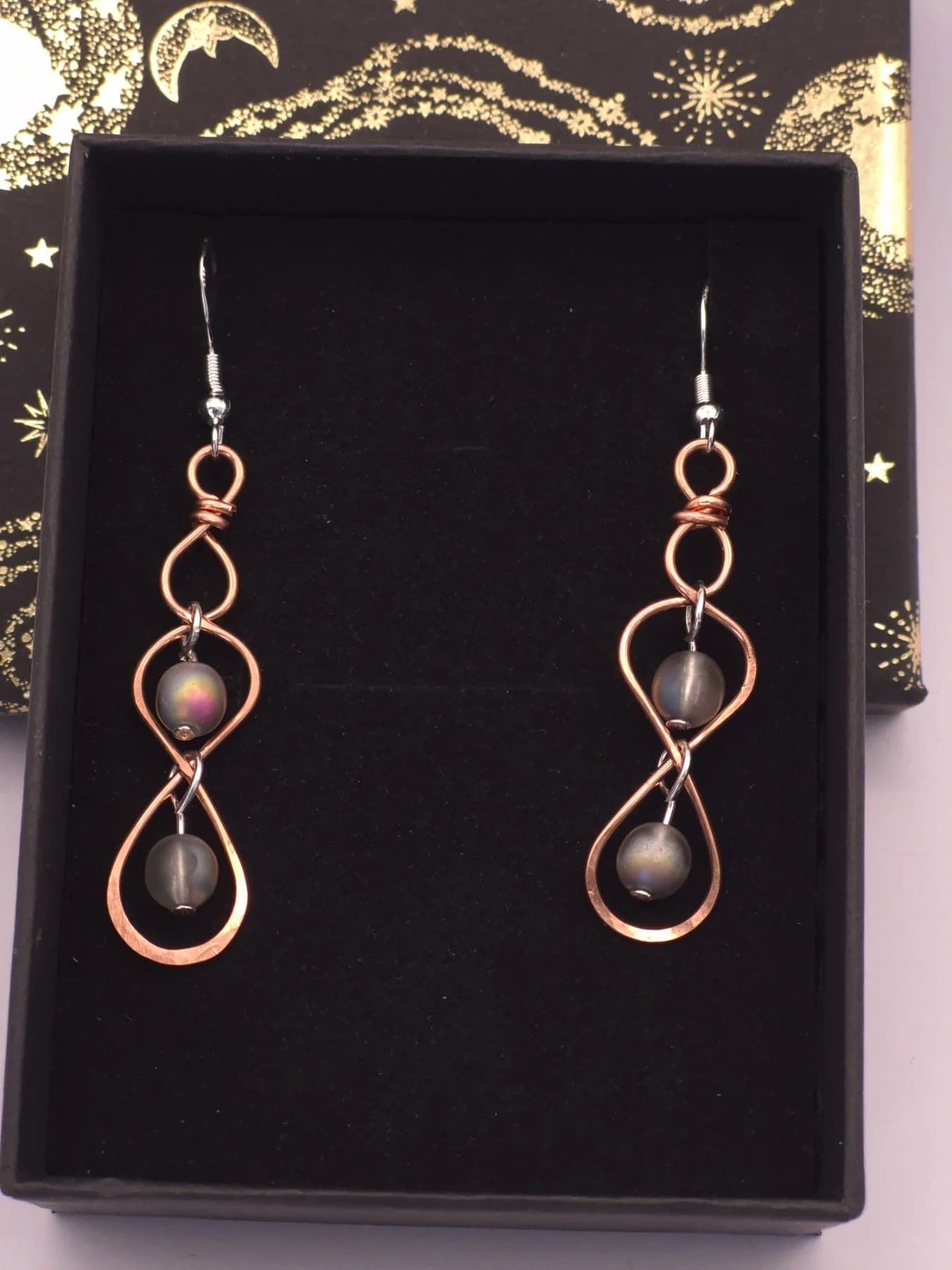 Infinity , handmade copper wire wrapped labradorite earring by Bent Copper, North East England