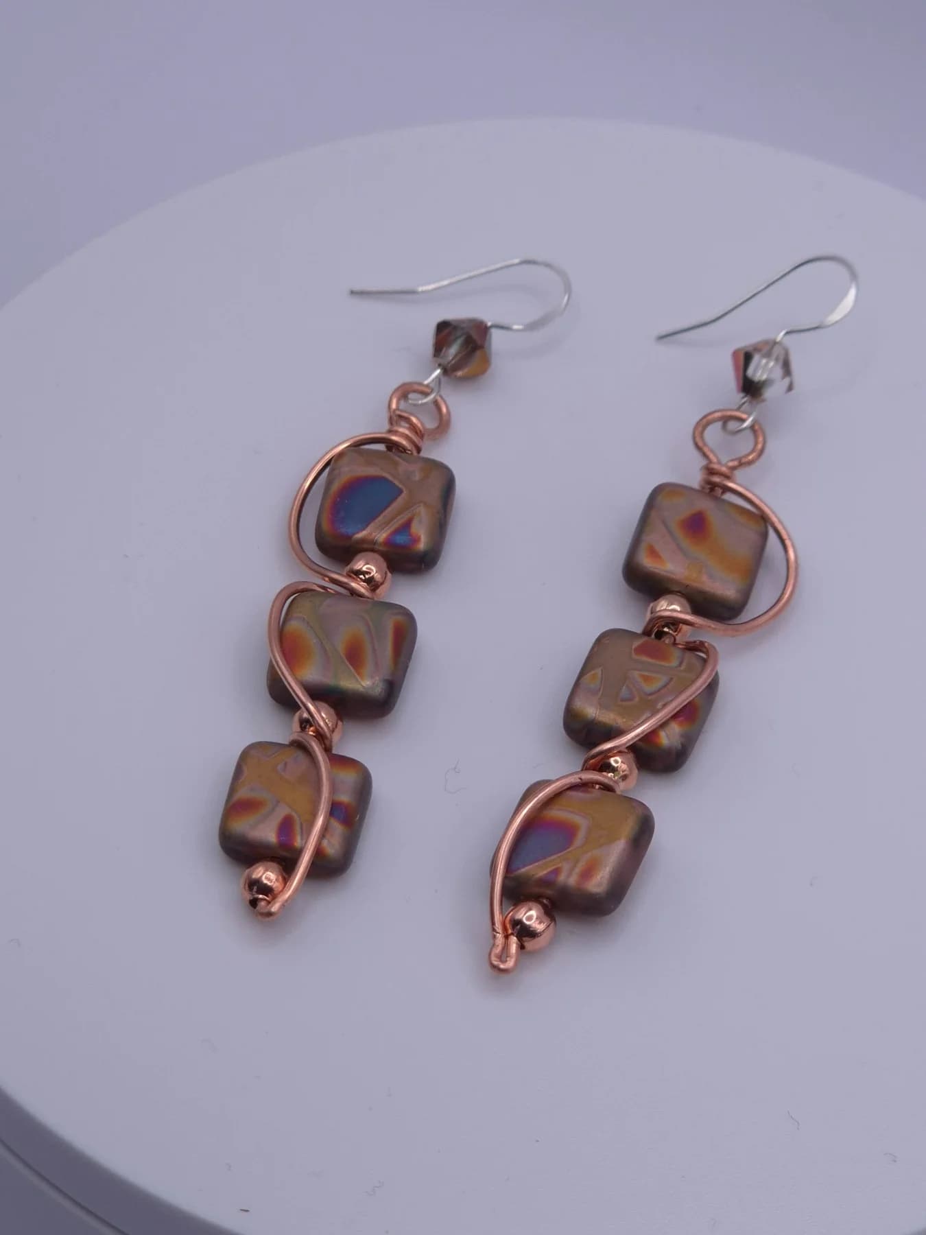 Aurora , handmade copper wire wrapped labradorite earring by Bent Copper, North East England