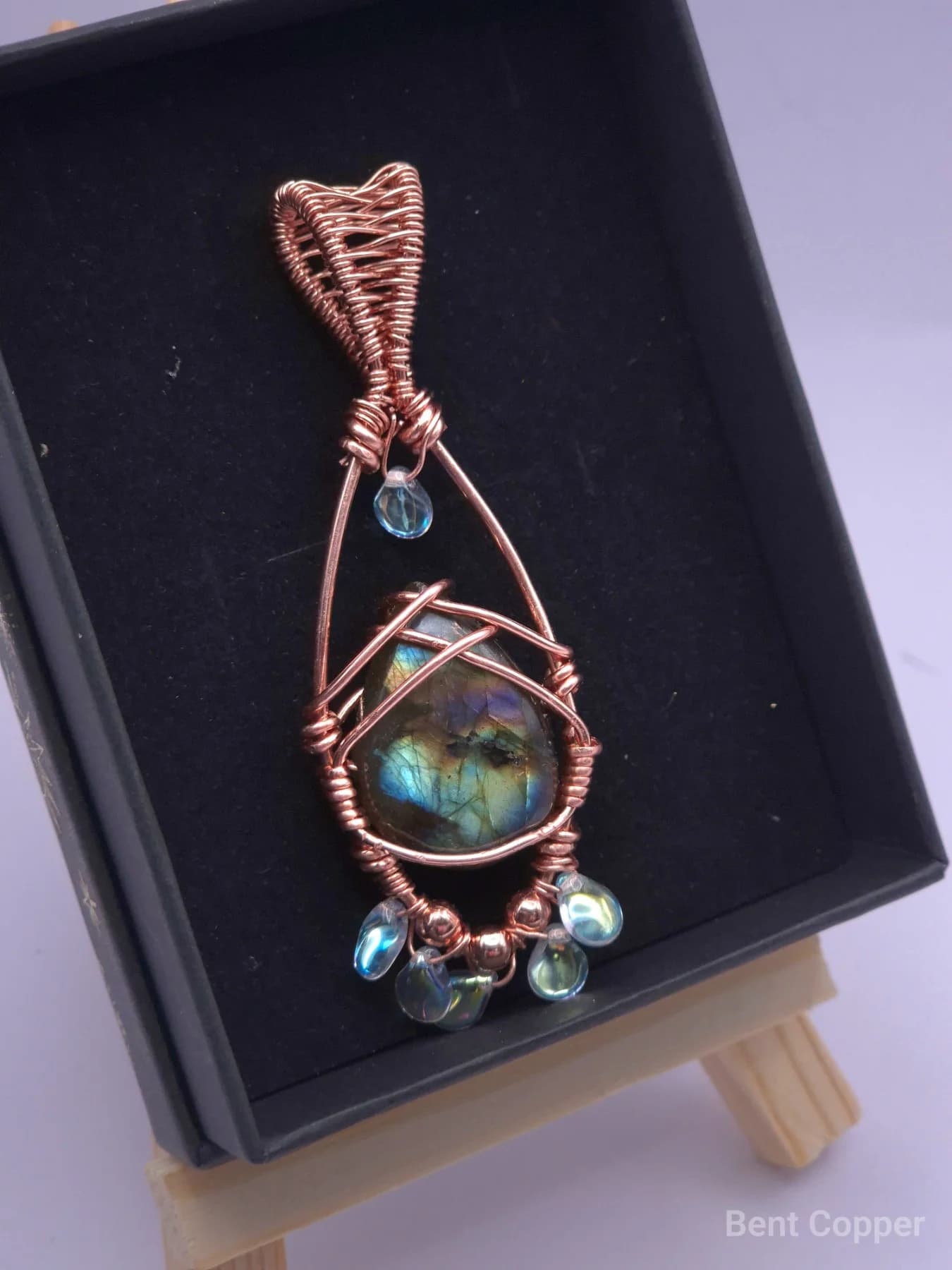 Tear drops , handmade copper wire wrapped labradorite pendant by Bent Copper, North East England