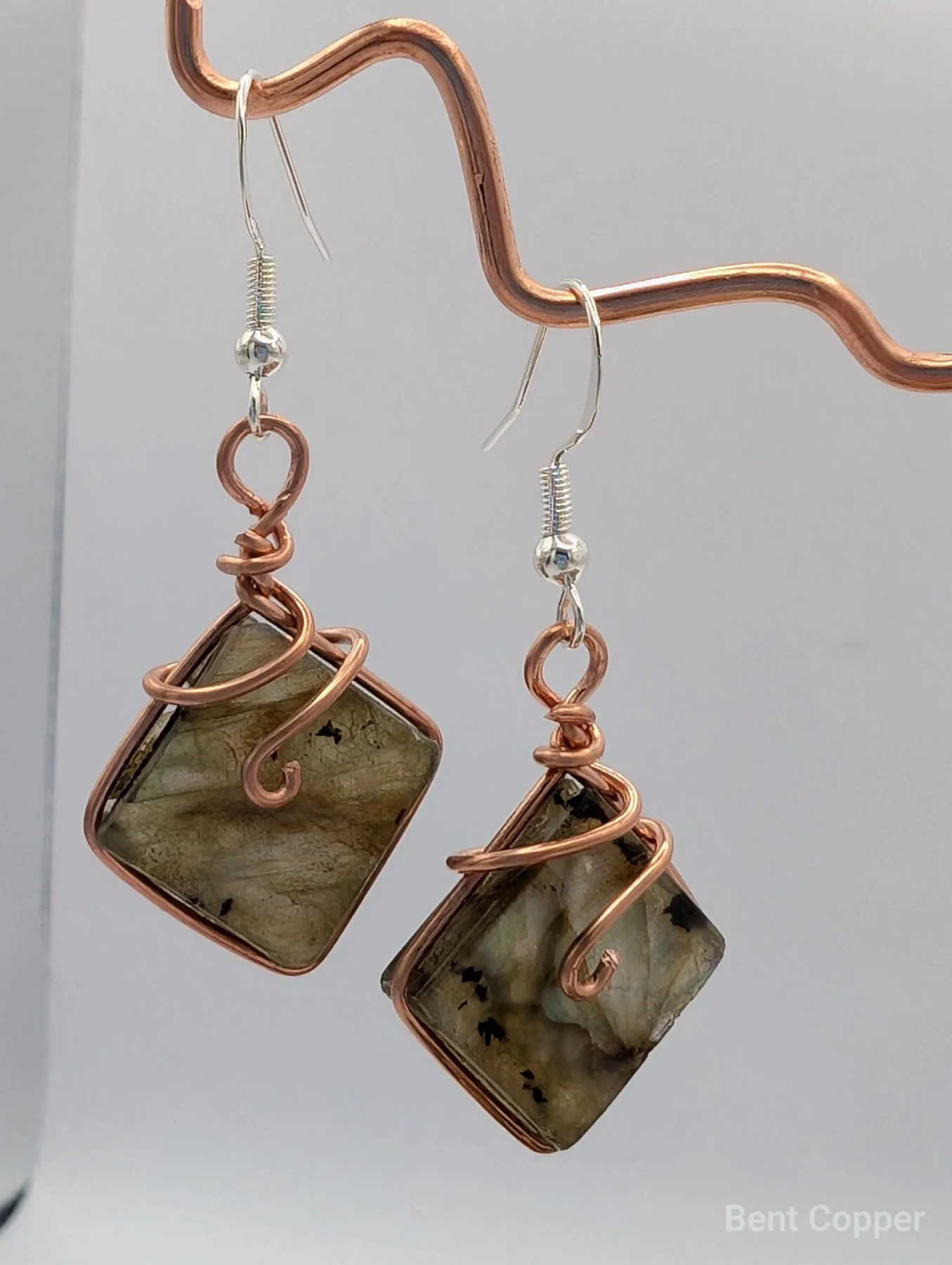 Labradorite Drops , handmade copper wire wrapped labradorite earring by Bent Copper