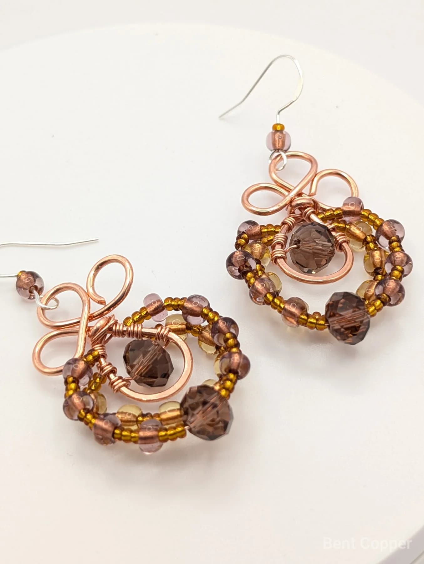 Smoke and Honey , handmade copper wire wrapped labradorite earring by Bent Copper, North East England