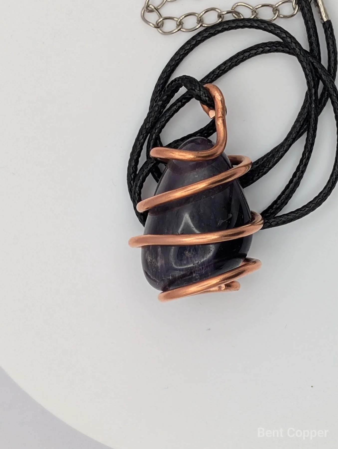 Amethyst Spiral Talisman , handmade copper wire wrapped labradorite pendant by Bent Copper, North East England