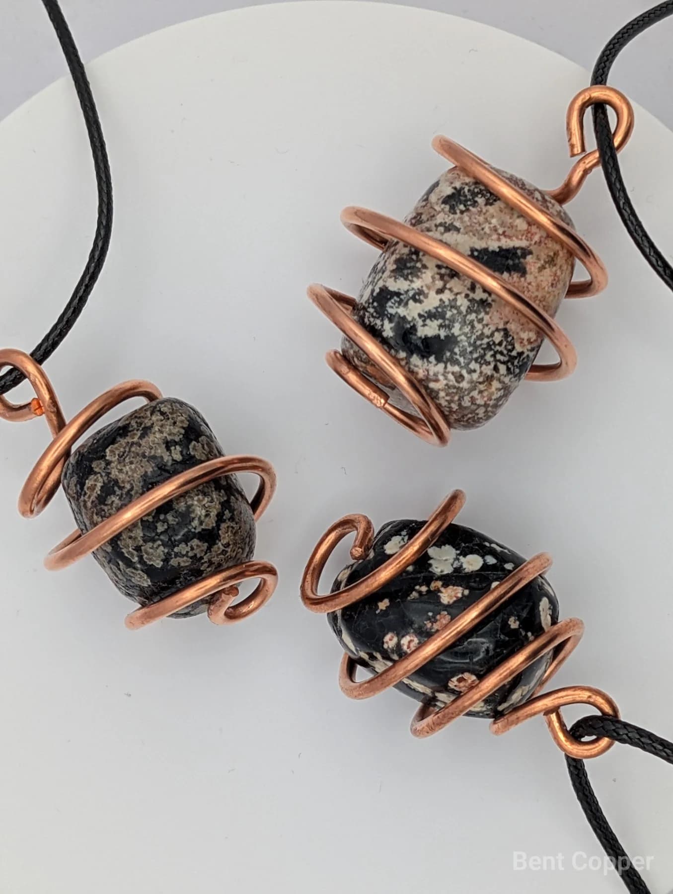 Snowflake obsidian Talisman , handmade copper wire wrapped labradorite pendant by Bent Copper, North East England