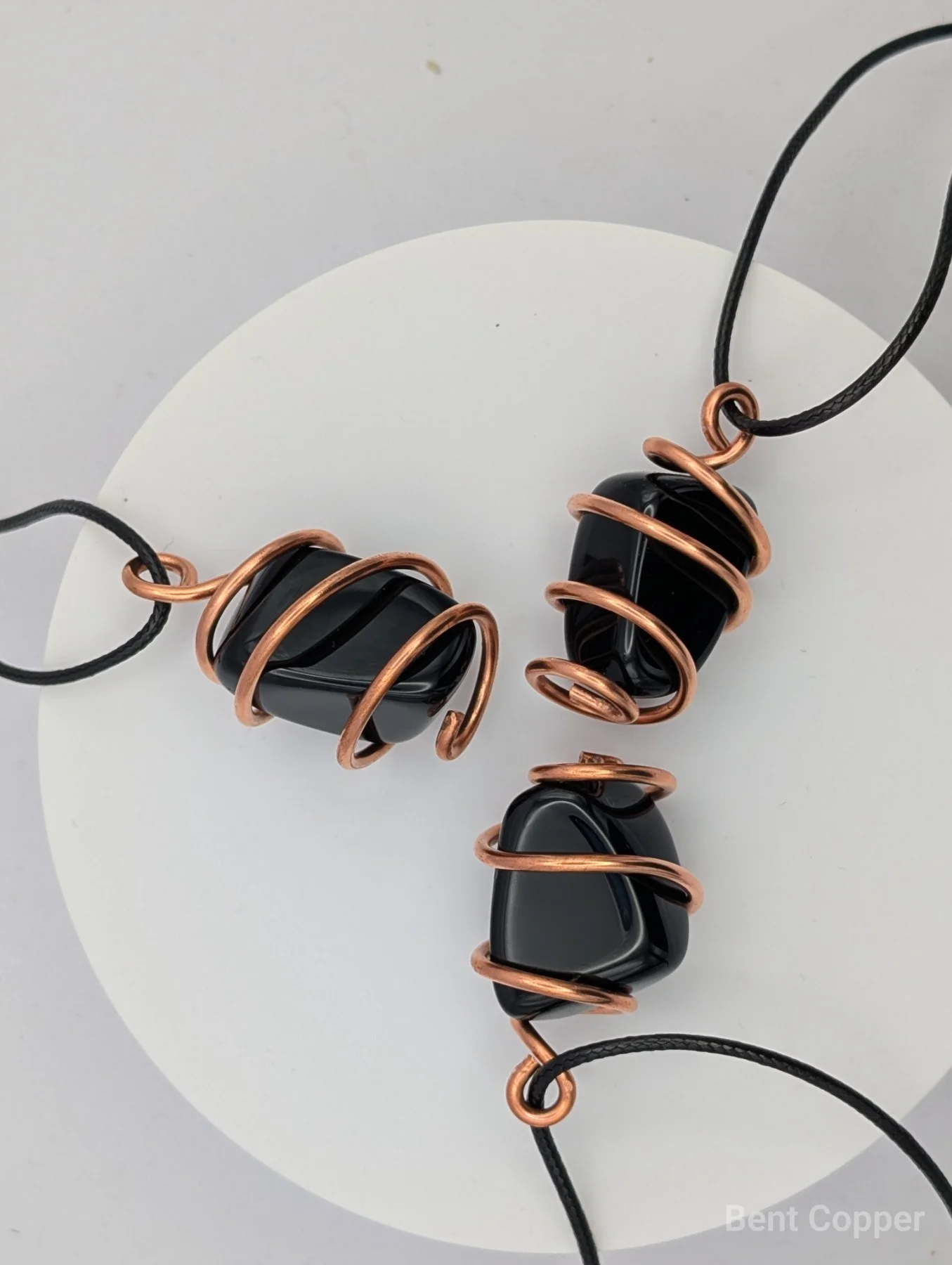 Black obsidian Talisman , handmade copper wire wrapped labradorite pendant by Bent Copper, North East England