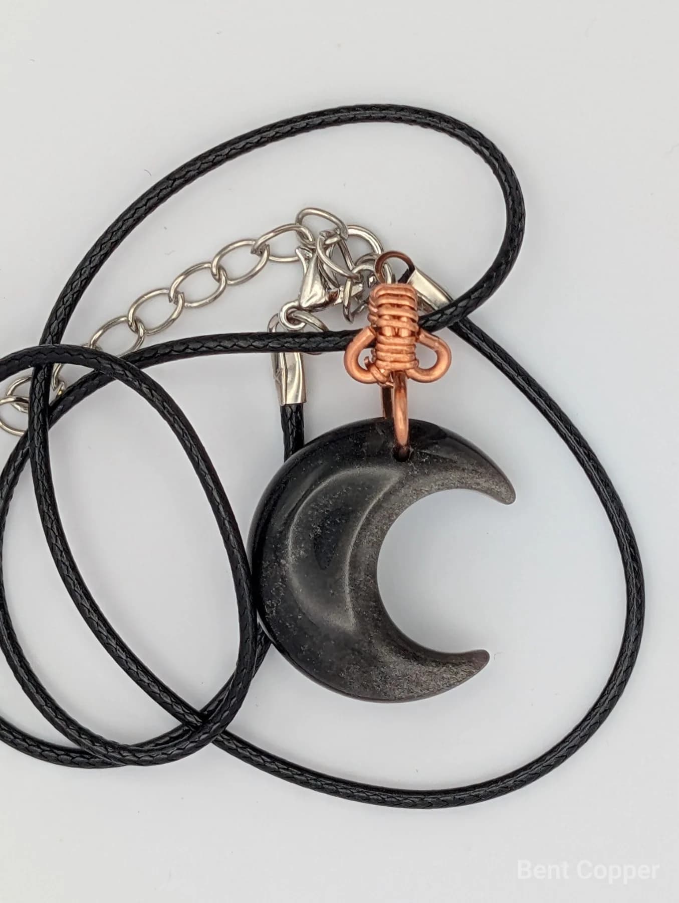 Ghost obsidian Moon Talisman , handmade copper wire wrapped labradorite pendant by Bent Copper, North East England