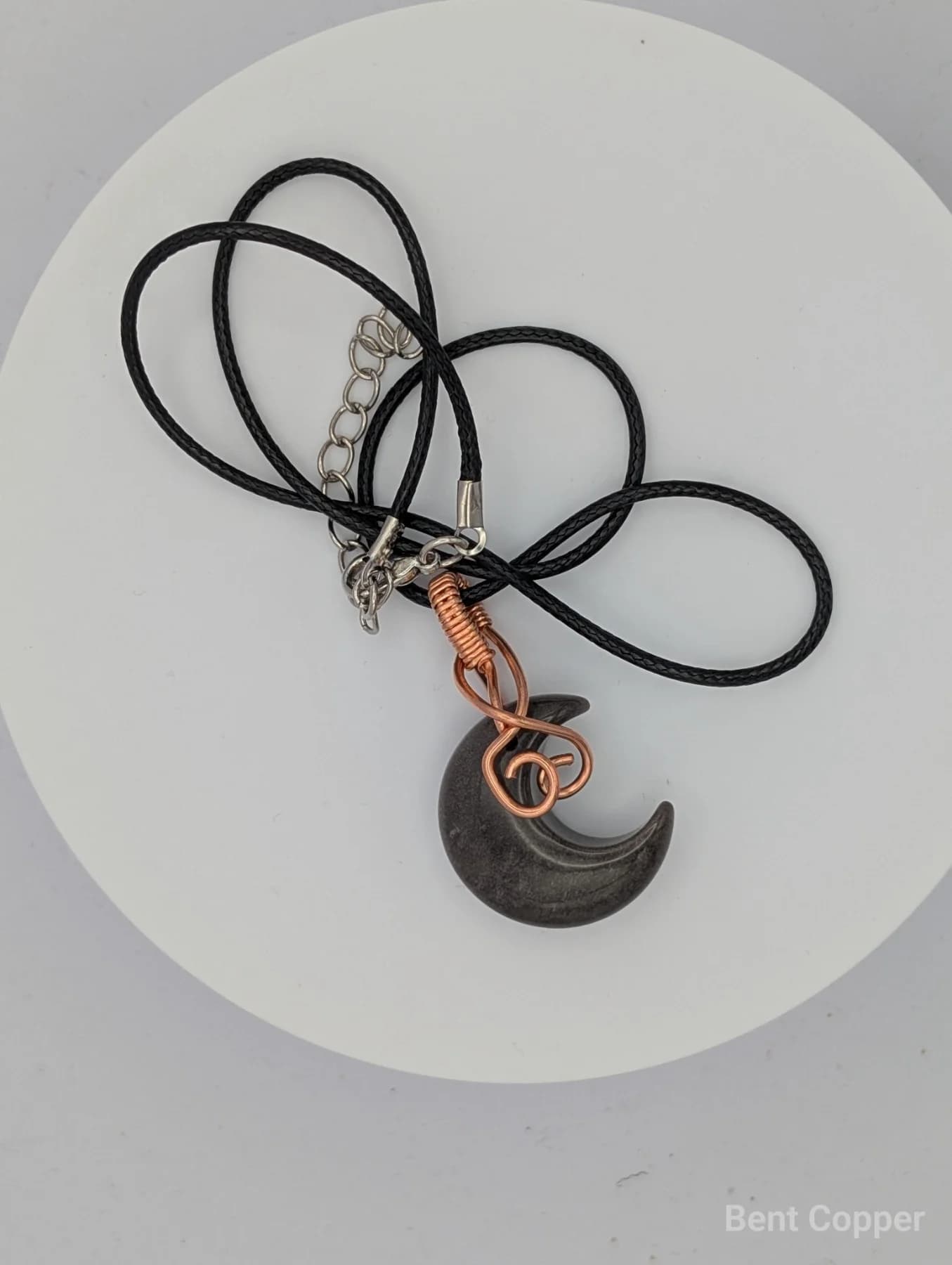 Ghost obsidian crescent, Moon Talisman , handmade copper wire wrapped labradorite pendant by Bent Copper, North East England