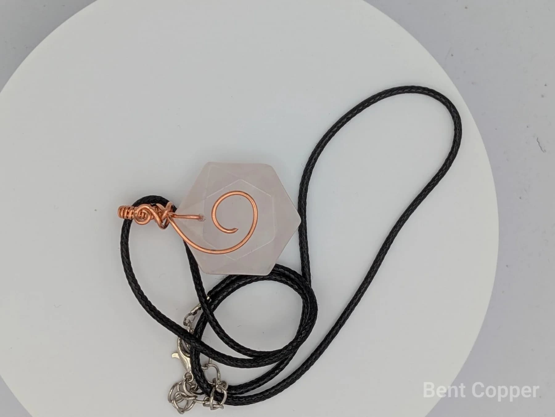 Rose Quartz Talisman , handmade copper wire wrapped labradorite pendant by Bent Copper, North East England