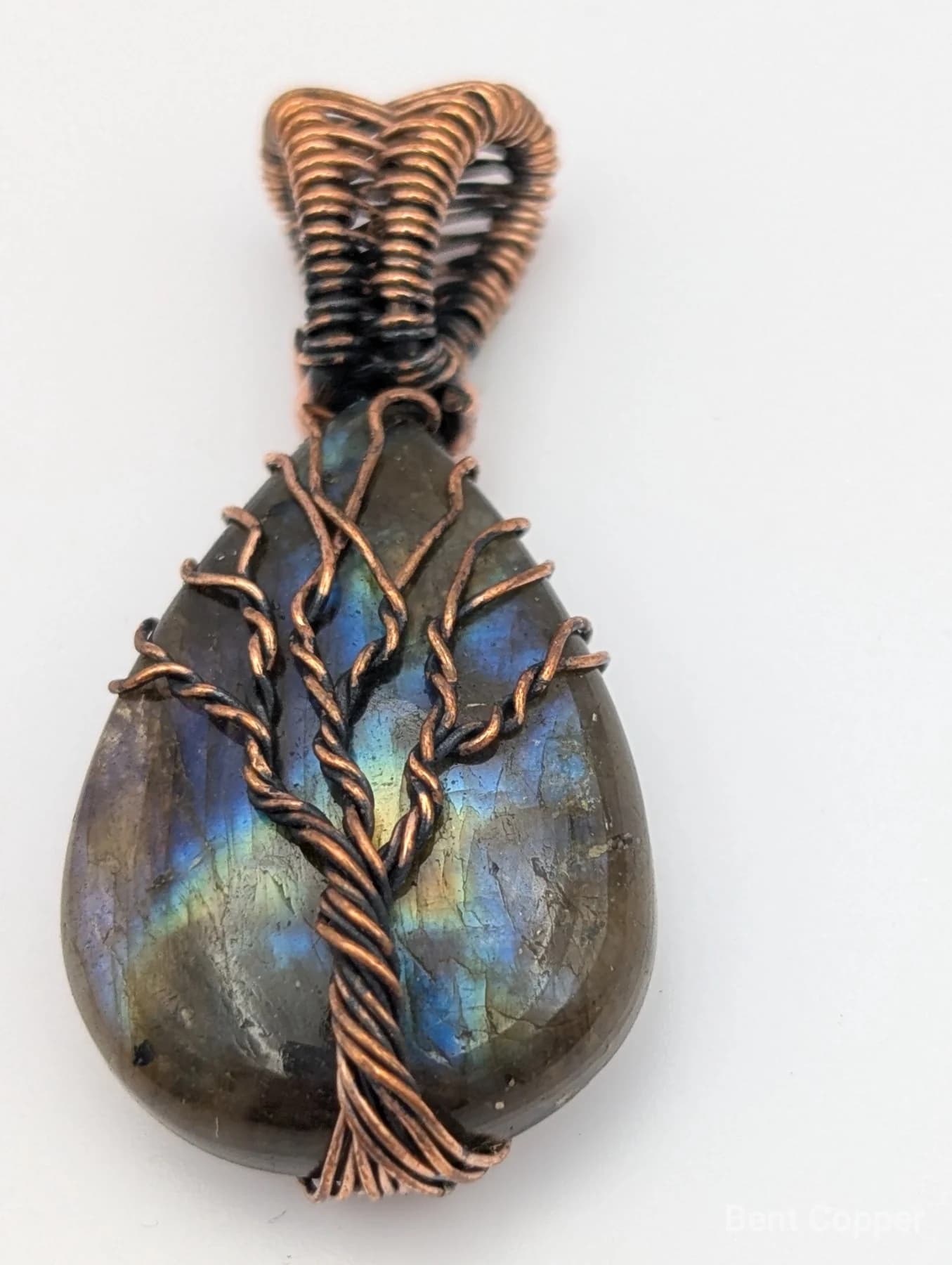 Labyrinth , handmade copper wire wrapped labradorite pendant by Bent Copper, North East England