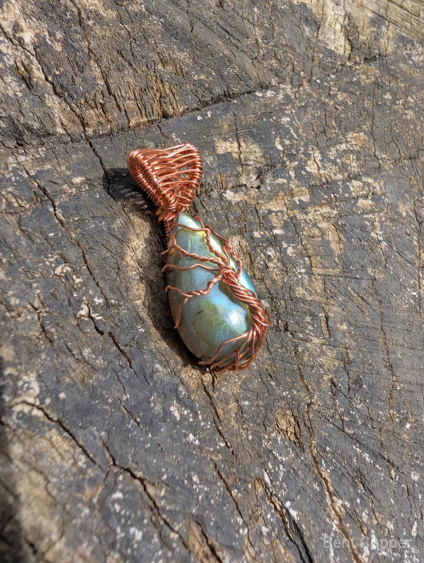Rooted , handmade copper wire wrapped labradorite pendant by Bent Copper